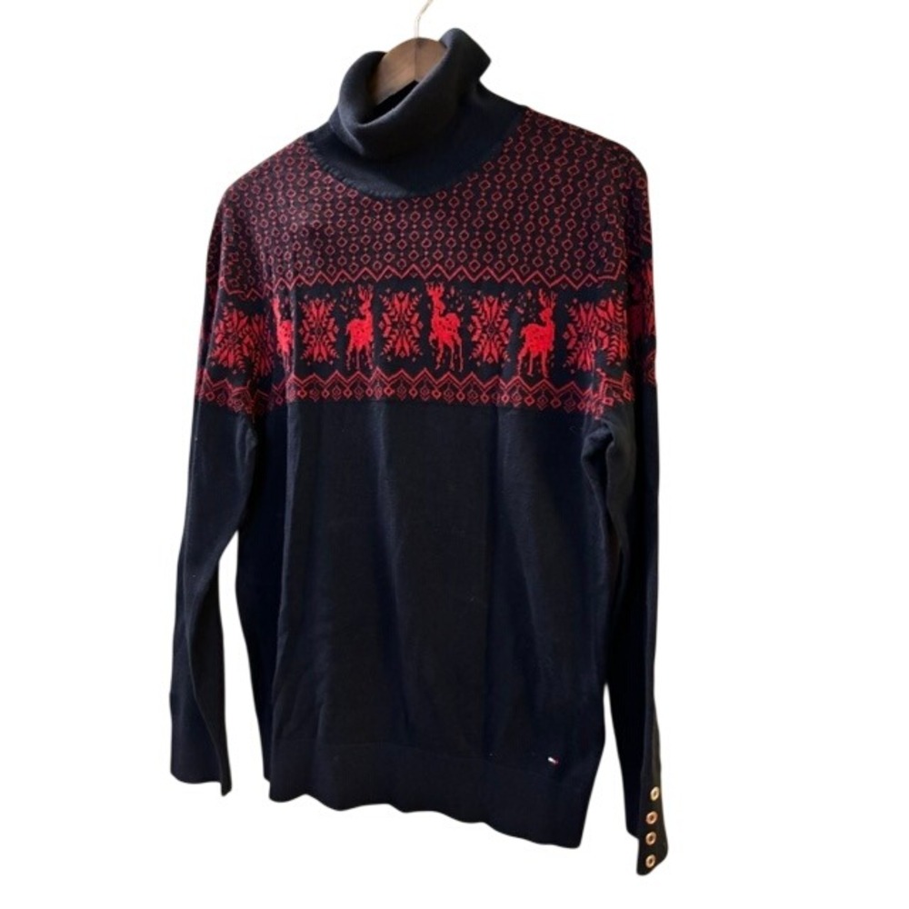 Tommy Hilfiger Women's Reindeer Fair Isle Turtleneck Sweater Navy Red Cotton M